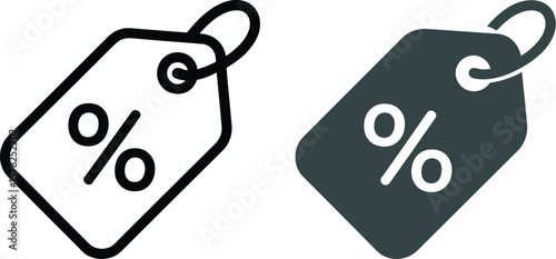 Two price tags with percentage signs one in outline and one in solid fill on white background