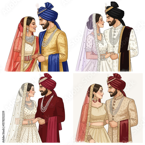 Four Illustrative Portraits of Indian Couples in Traditional Wedding Attire.