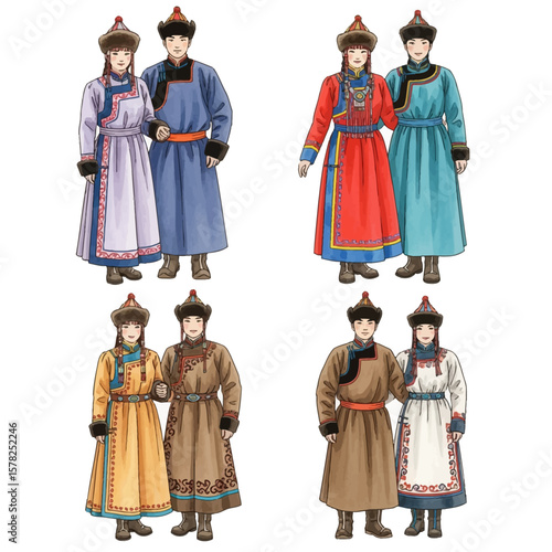 Traditional Mongolian Couples in Colorful Detailed Cultural Attire.