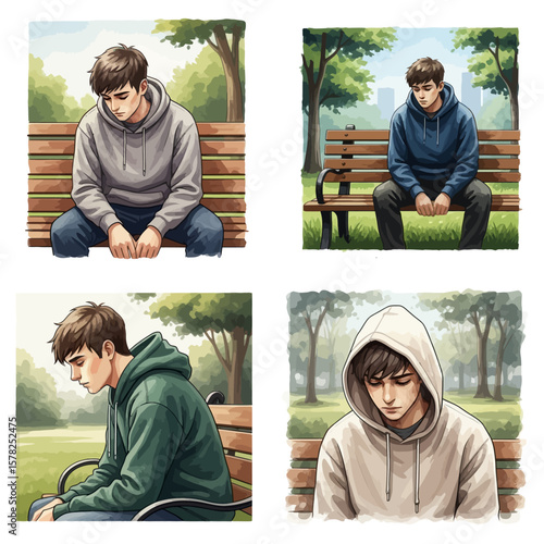 Four Watercolor Portraits of a Pensive Young Man on Park Benches in Various Hoodies.