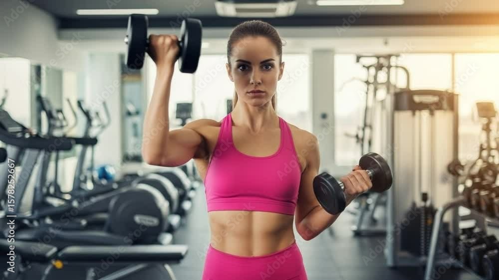 Determined Young Woman Training with Dumbbells in a Modern Gym, Focusing on Strength and Fitness Goals Determined Young Woman Training with Dumbbells in a Modern Gym, Focusing on Strength and Fitness Goals