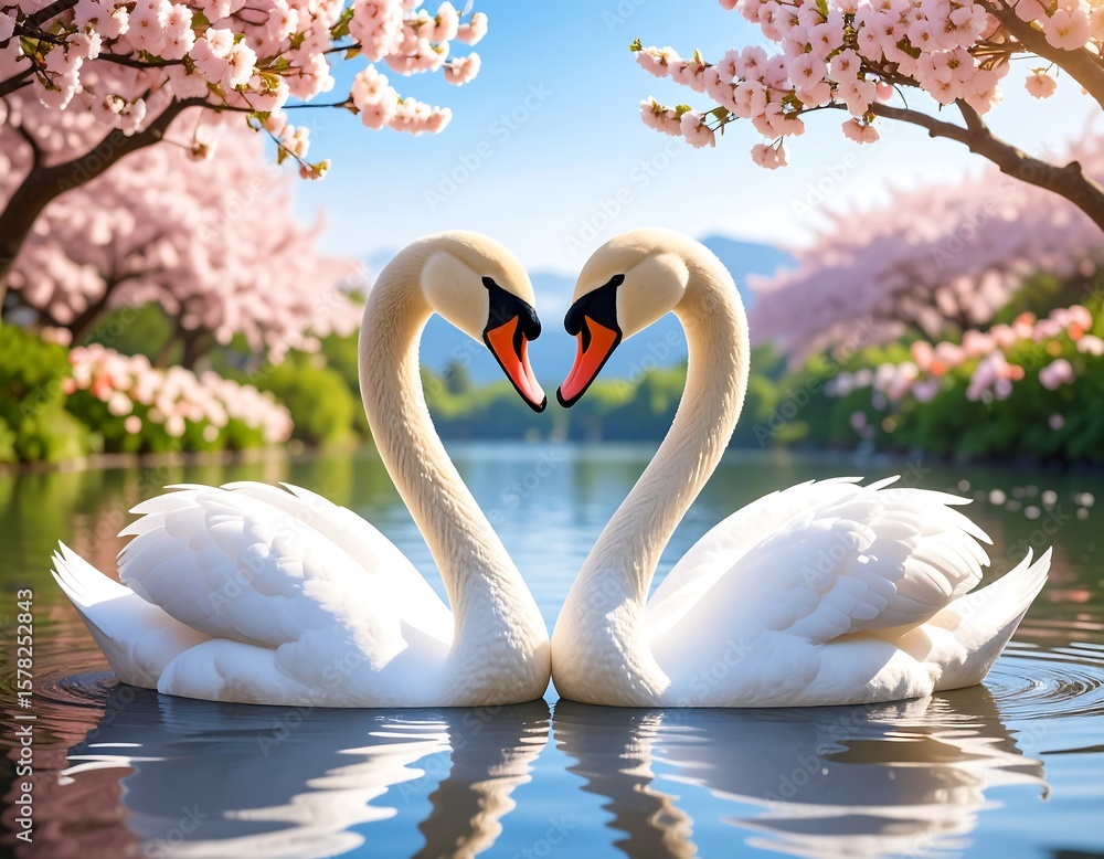 Fototapeta premium Swans in love under cherry blossoms