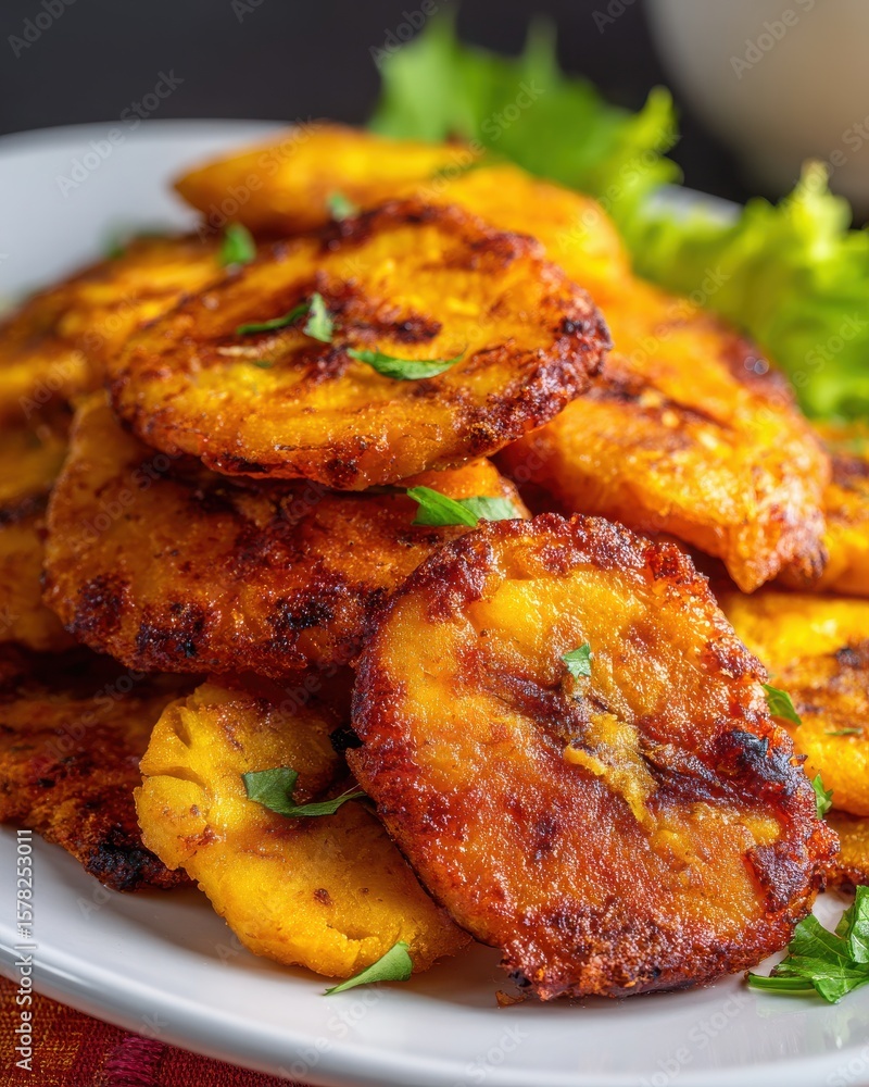 Golden, crispy plantains served on a plate with fresh greens, showcasing a vibrant culinary dish Golden, crispy plantains served on a plate with fresh greens, showcasing a vibrant culinary dish