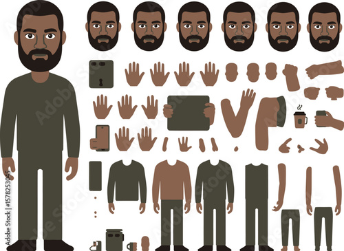 Illustration of a dark skinned man with interchangeable body parts and accessories spread out