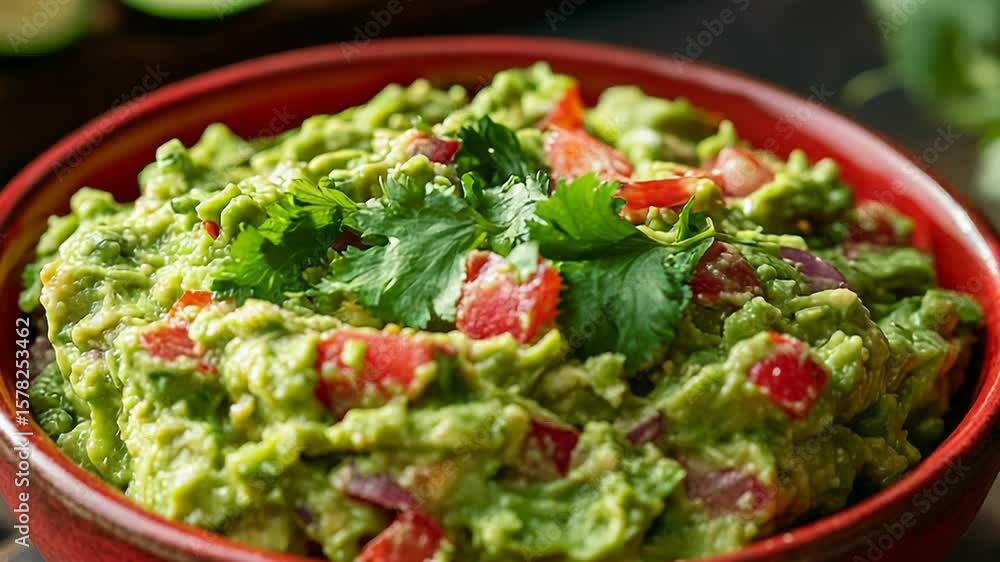 Delicious homemade guacamole with tomato, onion, and cilantro in red bowl Delicious homemade guacamole with tomato, onion, and cilantro in red bowl