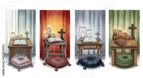 Four distinct prayer altars with open books candles crosses and decorative cushions.