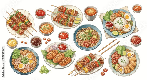 Colorful Asian Dishes Displayed in an Artistic Style.