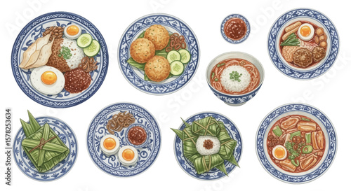 Watercolor Illustration of Assorted Malaysian Dishes on Blue and White Plates.