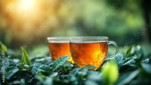 Glass cup of tea with amber liquid on green tea leaves in garden under morning sunlight, two transparent glass cups filled with warm tea creating peaceful and refreshing beverage atmosphere