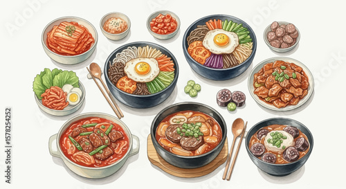 Colorful Array of Diverse Korean Dishes in Vibrant Watercolor Style.
