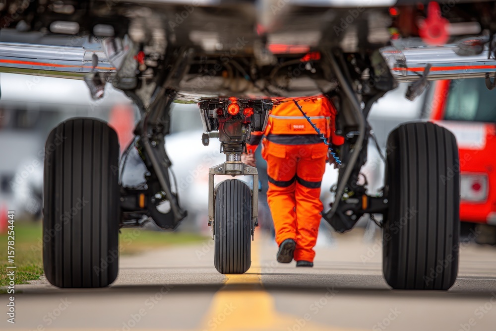 Fototapeta premium Ground crew member inspects aircraft landing gear on the tarmac during a sunny day at the airport