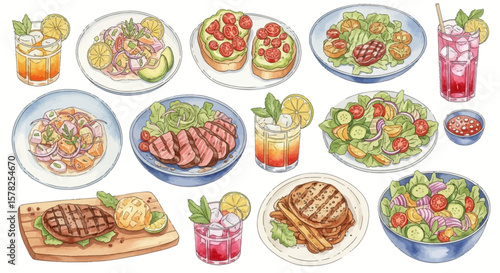 Colorful Watercolor Illustration of Diverse Dishes and Drinks.