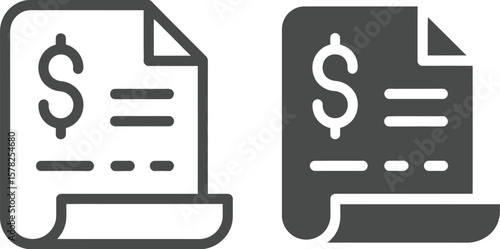 A line art illustration of a financial document with a dollar sign in light and dark gray