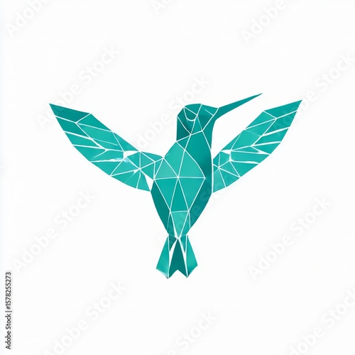 geometric hummingbird logo facets in teal white background