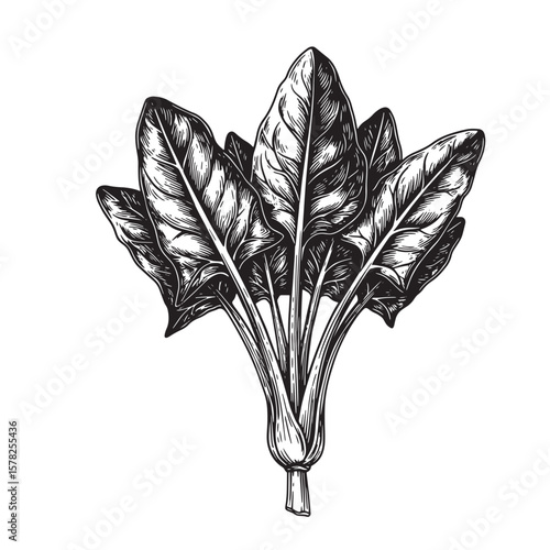 Black and white illustration of fresh spinach leaves greens vegetable
