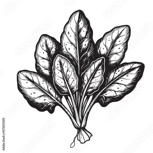 Black and white illustration of spinach leaves greens vegetables