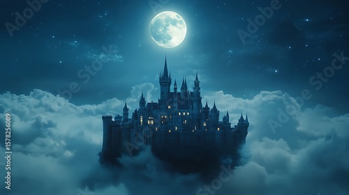 Floating castle in night sky clouds