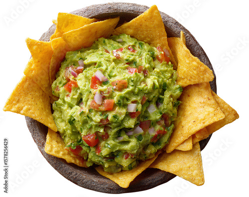 Bowl of Chunky Guacamole with Triangular Tortilla Chips, Top View PNG