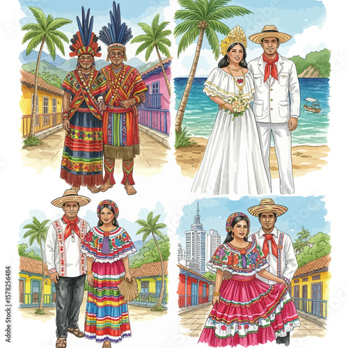 Four scenes of couples in traditional Panamanian clothing watercolor style.