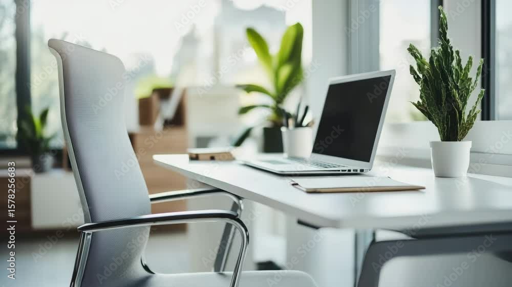 Modern office workspace with ergonomic chair, white desk, laptop, and green plants near large windows creating bright, calm atmosphere for productivity and technology interior design Modern office workspace with ergonomic chair, white desk, laptop, and green plants near large windows creating bright, calm atmosphere for productivity and technology interior design