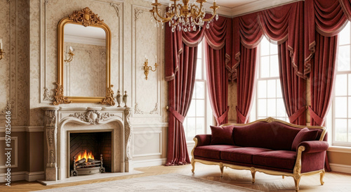A grand living room featuring a fireplace, a large gold-framed mirror, and a luxurious red velvet sofa and curtains, all under a sparkling chandelier.