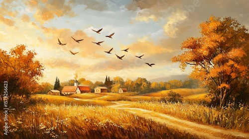 Golden autumn vista with avian flight above rural homestead scenery