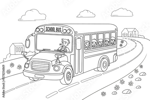 School Bus Journey: A cheerful school bus embarks on a scenic route, filled with young passengers and guided by a dedicated driver, creating a wholesome scene. 