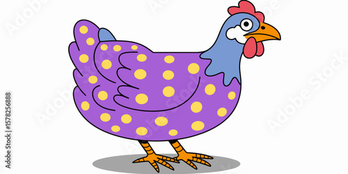 Polka Dot Hen Illustration: A whimsical illustration of a plump hen. The hen is bright and playful, a fun representation of the farmyard favorite.