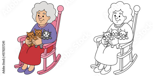 Grandmother with Kittens: A heartwarming illustration of an elderly woman, gently cradling three adorable kittens in her lap while sitting in a rocking chair.