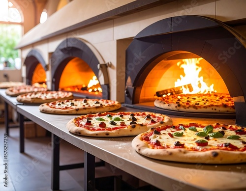 Pizza baking in a row of ovens