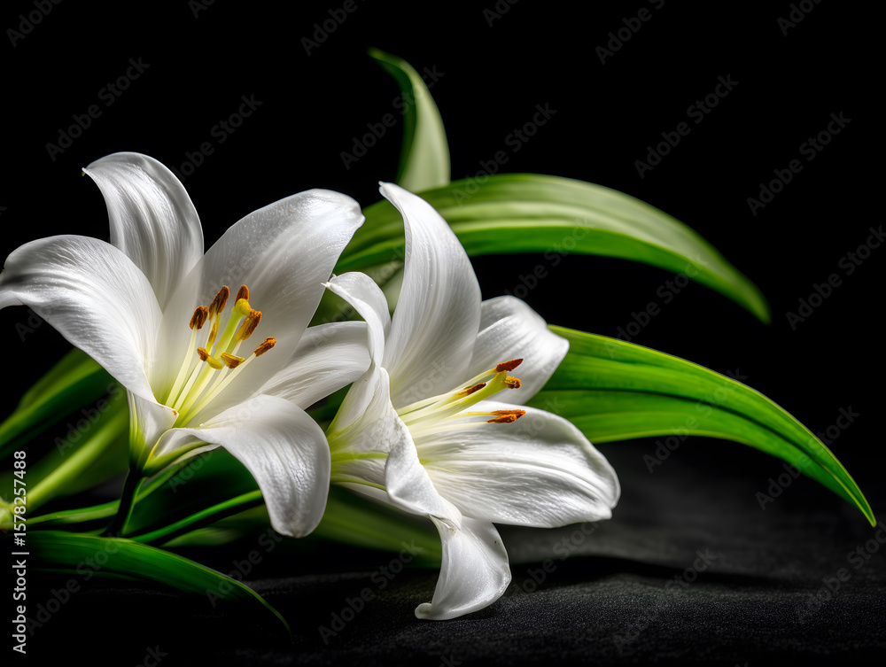 Fototapeta premium 黒背景に映える純白のユリが咲く美しい花のアップ画像