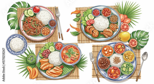 Vibrant Asian Cuisine Platter: Four Watercolor Dishes.