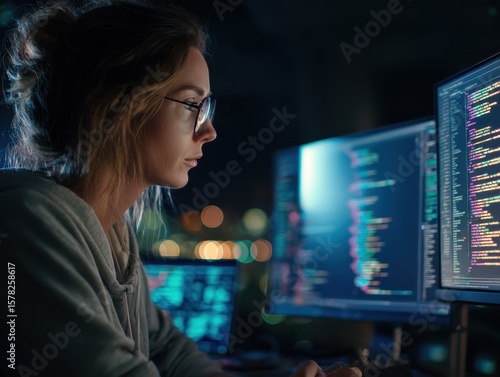 Focused woman reviewing lines of code at night.