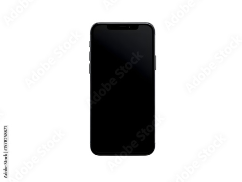 Realistic black smartphone with blank screen, flat lay top view, no branding, clean lighting, isolated on white background