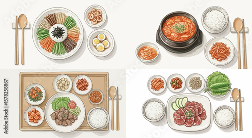 Colorful Korean Cuisine: A Detailed Illustration of Traditional Dishes.