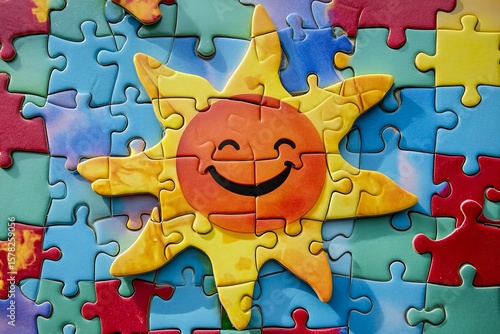 Giant puzzle pieces forming a smiling sun toddler education theme