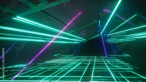 Neon Grid Tunnel: Futuristic Cyberpunk Lightscape with Dynamic Laser Beams