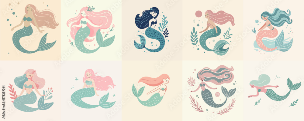 cartoon illustration set of mermaid cartoon illustration set of mermaid