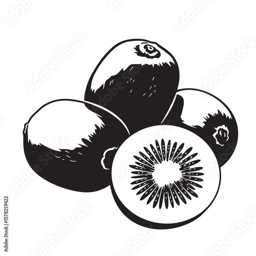 Whole and sliced kiwi fruits black and white