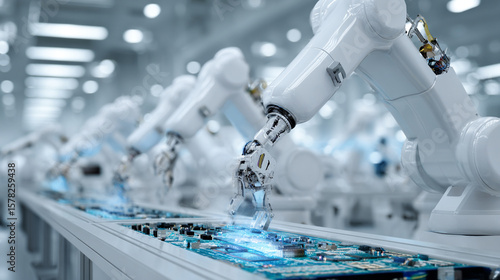 white robotic arms assembling printed circuit board in hi tech electronics factory