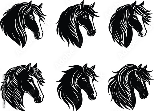 Gypsy horse set - 6 flowing mane head & profile silhouettes, EPS JPEG PNG
