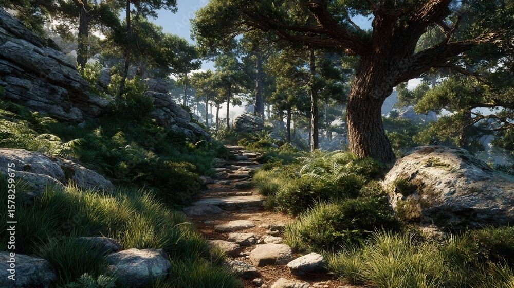 Fototapeta premium Tranquil Forest Pathway Surrounded by Lush Greenery and Rocks