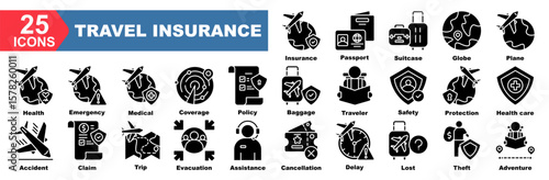 travel insurance icon collection set.Passport,Suitcase,Globe,Plane,Health,Emergency,Medical.Flat icon collection.