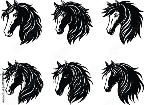 Heavy-feathered horse collection - 6 side & front view vectors, EPS JPEG PNG