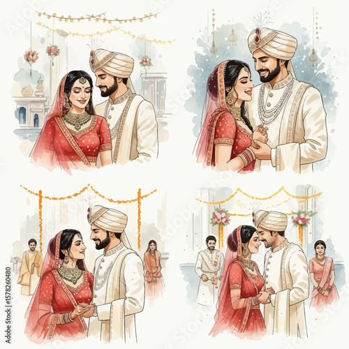 Watercolor depictions of an Indian couple celebrating their wedding day.
