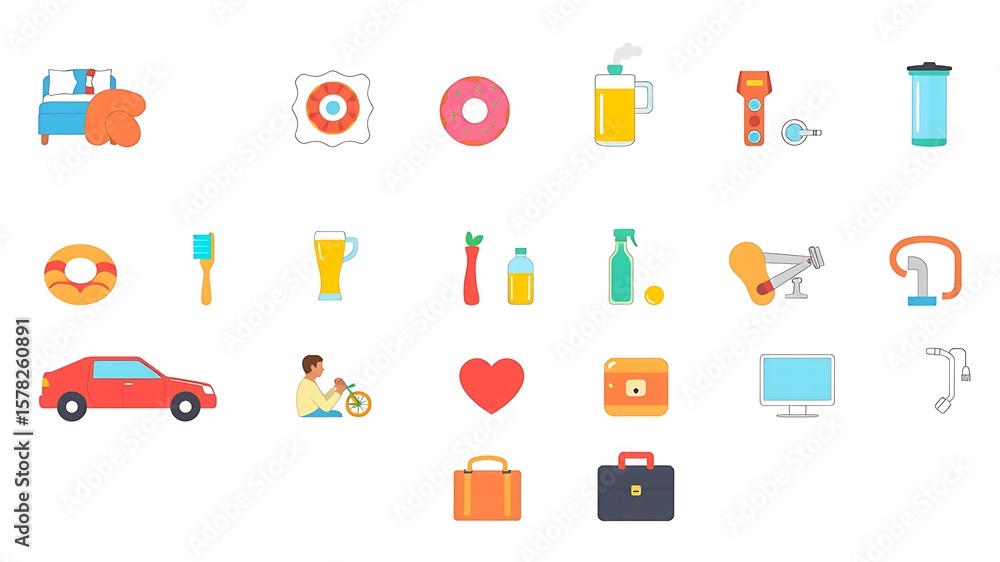 Fototapeta premium Assorted simple vector icons depicting daily life items and everyday objects isolated