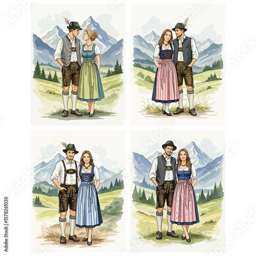 Watercolor Illustrations of Bavarian Couples in Traditional Attire Mountains in Background.