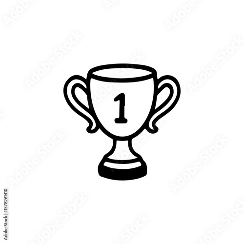 Simple black and white vector illustration of a winner trophy cup with number 1. Hand-drawn style. Ideal for sports achievements, competitions, and awards-related designs
