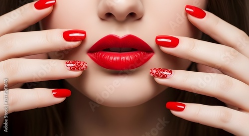Vibrant red lips and perfectly manicured nails,
Adorned with delicate floral nail art designs.
Showcasing a harmonious blend of beauty and fashion for lipstick day