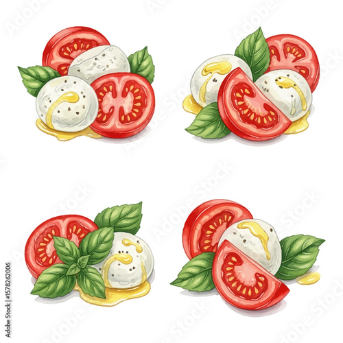 Four Caprese Salad Illustrations with Detailed Slices of Tomato and Mozzarella.